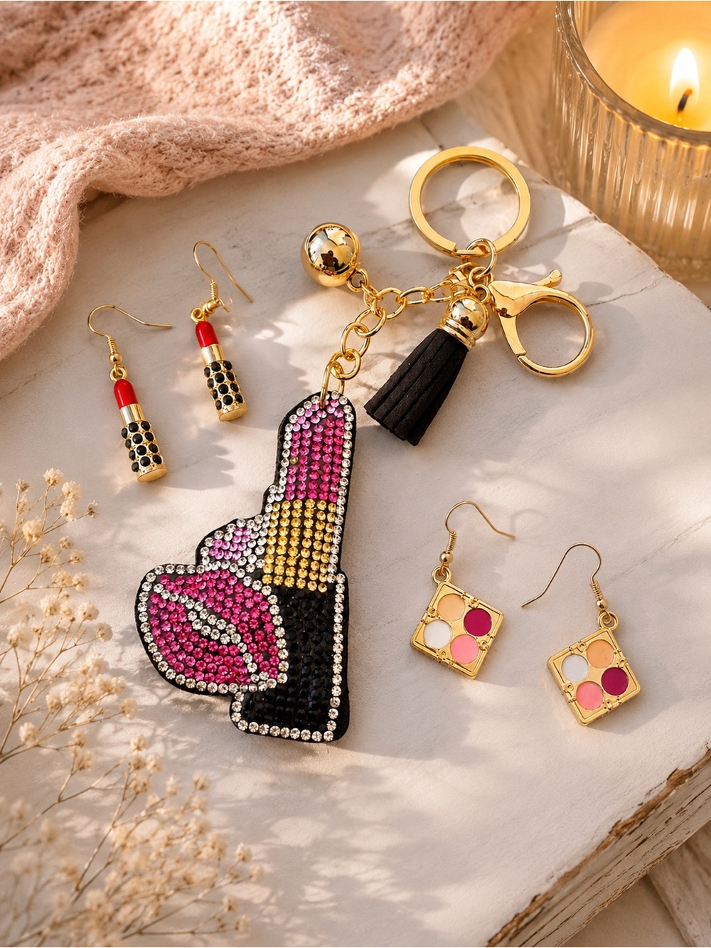 Glam Makeup Earring Bundle and Rhinestone Lipstick Keychain Set👄